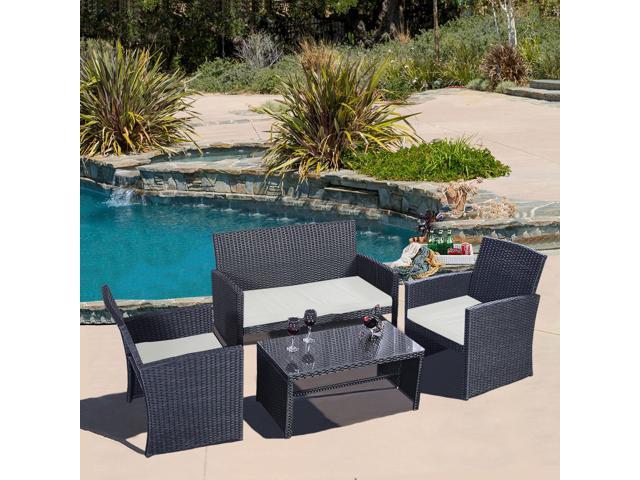 4 Pc Rattan Patio Furniture Set Garden Lawn Sofa Black Wicker Cushioned Seat Newegg Com