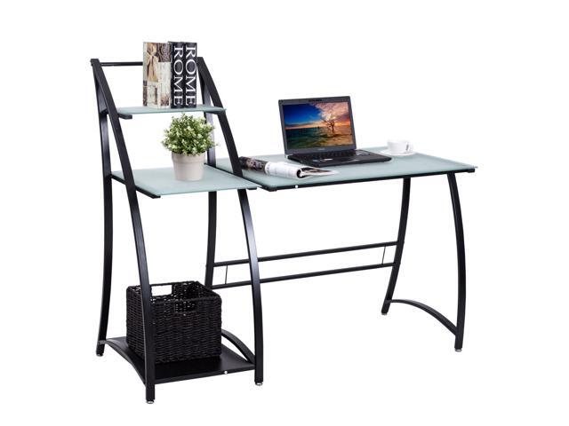 Computer Desk Pc Laptop Table Glass Top Writing Study Workstation With Shelves Newegg Com