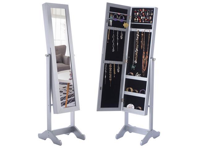Mirrored Jewelry Cabinet Armoire Mirror Organizer Storage Box Ring W Stand White Newegg Com