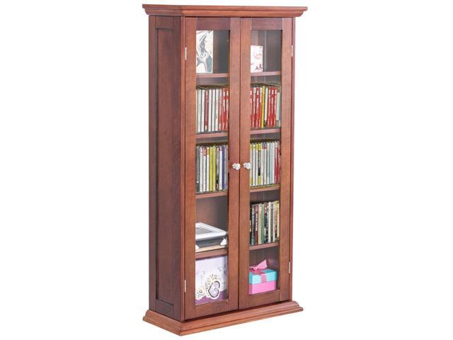 44 5 Wood Media Storage Cabinet Cd Dvd Shelves Tower Glass Doors Walnut Newegg Com