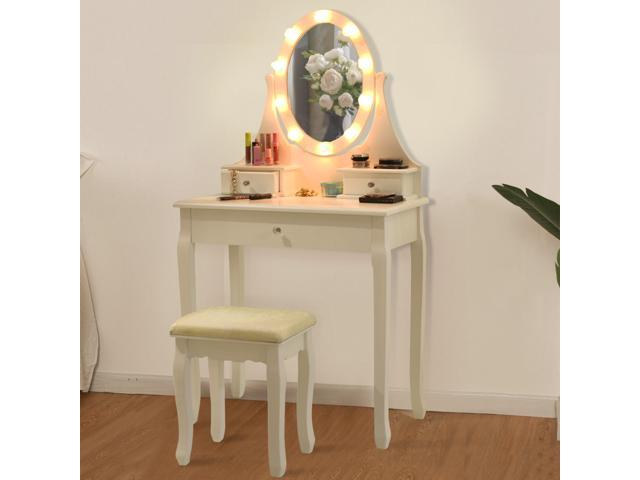 3 Drawers Vanity Makeup Dressing Table Stool Set Lighted Mirror W 10 Led Bulbs Newegg Com