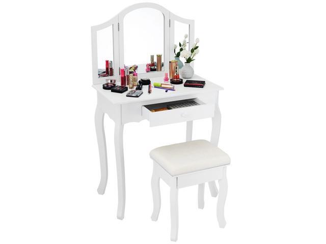 Tri Folding Mirror Vanity Makeup Table Set Bathroom W Stool Drawer Newegg Com