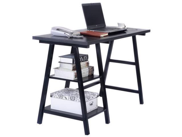 Modern Trestle Desk Wood Laptop Writing Table Shelves Computer