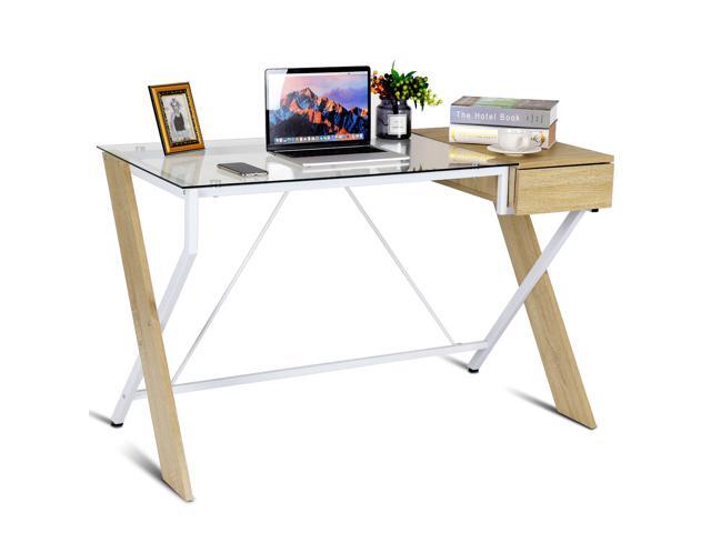 Clear Glass Top Computer Desk Wood Metal Frame With Drawer Home Office Furniture Newegg Com