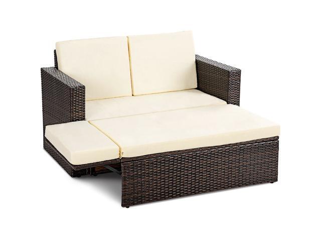 2pcs Patio Rattan Loveseat Sofa Ottoman Daybed Garden Furniture Set W Cushions Newegg