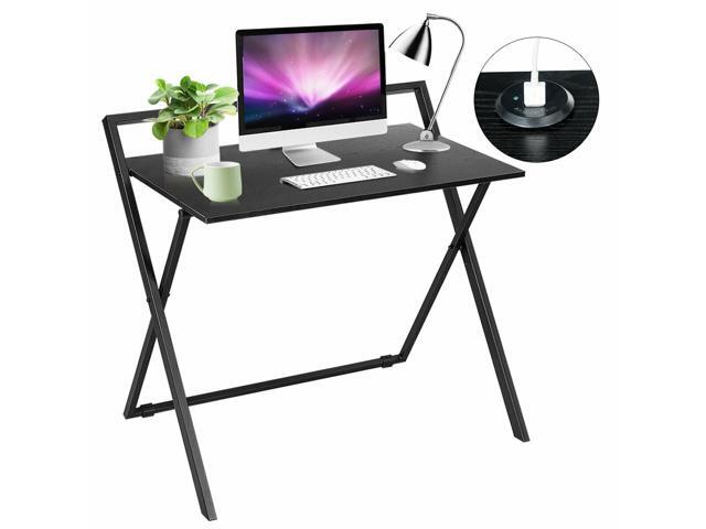 Folding Computer Desk Simple Pc Laptop Writing Table With Dual Usb Charger Black Newegg Com