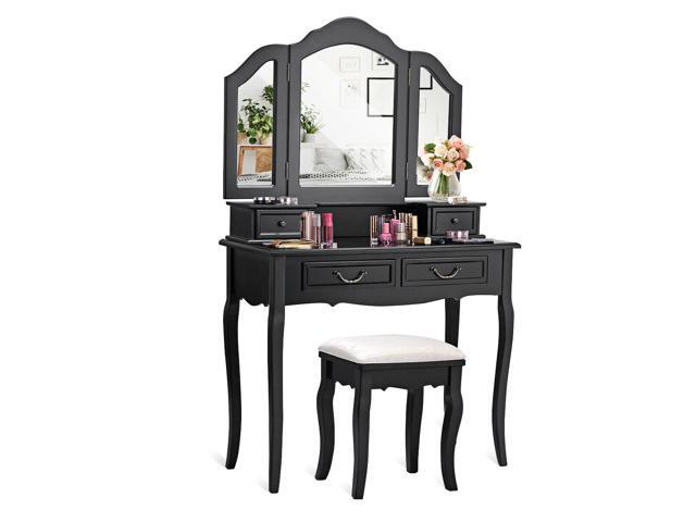 Tri Folding Mirror Black Wood Vanity Set Makeup Table Dresser 4 Drawers Stool