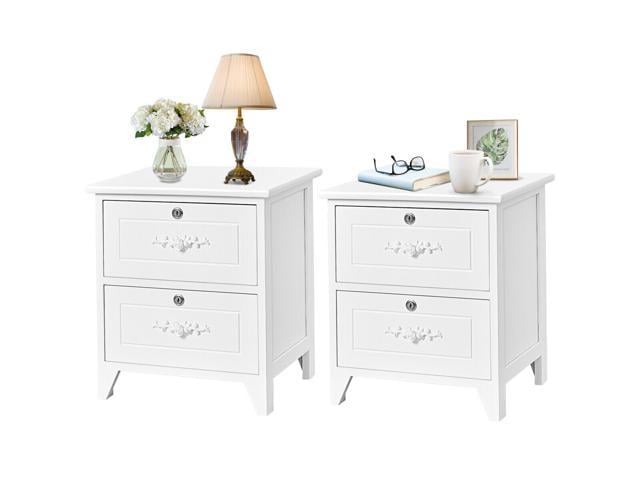 Set Of 2 Elegant Nightstand W 2 Locking Drawer End Table Bedside Cabinet White Newegg Com