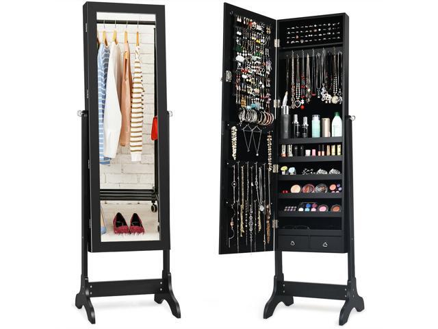 Lockable Mirrored Jewelry Cabinet Armoire Storage Organizer Box W Drawers Black