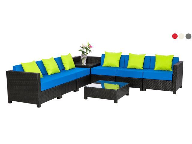 Mcombo 8 Pc Deluxe Outdoor Garden Patio Rattan Wicker Furniture Sectional Sofa Cushioned Seats Blue Newegg Com