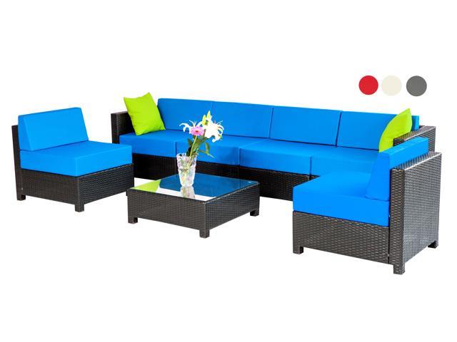 Mcombo 7 Pc Deluxe Outdoor Garden Patio Rattan Wicker Furniture Sectional Sofa Cushioned Seats Blue Newegg Com