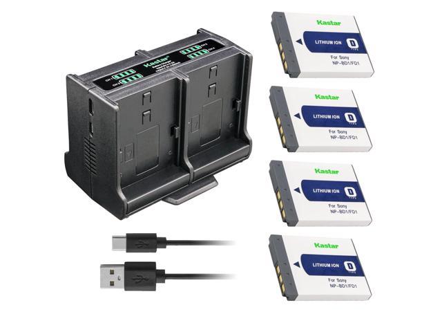 Kastar 4-Pack Battery and Quadruple Charger Compatible with Sony NP-BD1  NP-FD1 Battery, Sony D Type Battery, Sony BC-CSD BC-CS3 Charger 
