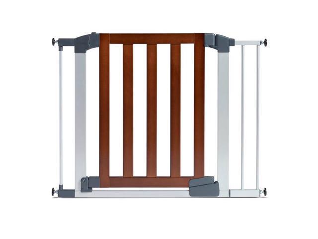 Photo 1 of Munchkin Auto Close Modern Pressure Mounted Baby Gate for Stairs, Hallways and Doors, Walk Through with Door, Dark Wood and Silver Metal