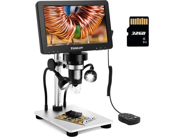 TOMLOV DM9 7" LCD Digital Microscope 1200X, 1080P Video Microscope with Metal Stand, 12MP Ultra-Precise Focusing, LED Fill Lights, PC View, Windows/Mac OS Compatible, with SD Card, Model- DM9