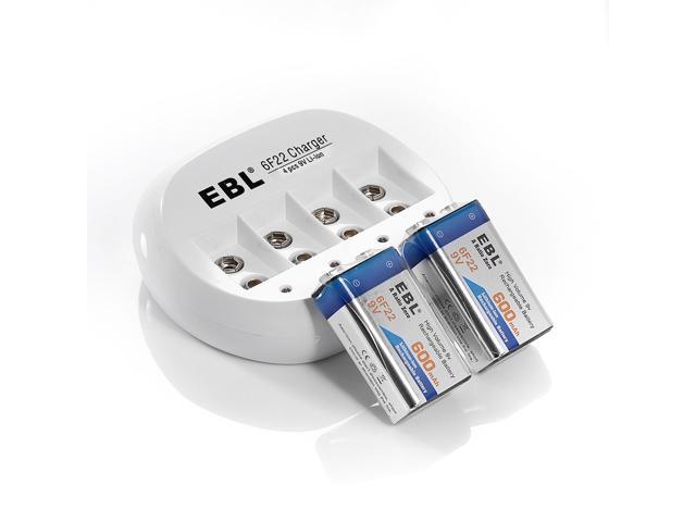 9 VOLT USB Battery Charger EBL 2x 600mAh 6F22 9V Li-ion Rechargeable Batteries 