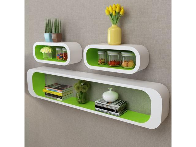 3 White Green Mdf Floating Wall Display Shelf Cubes Book Dvd