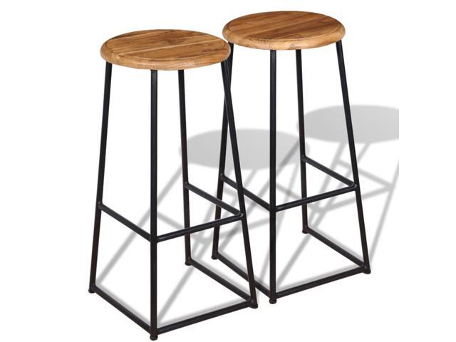 Vidaxl Set Of 2 Solid Teak Metal Bar Stools Round Wooden Top