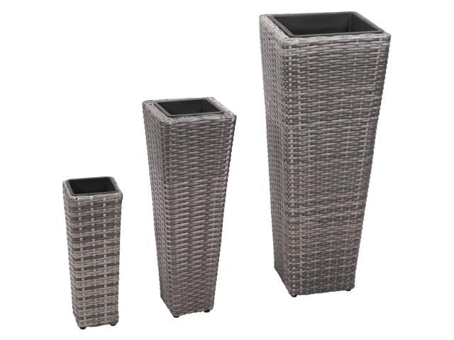 Vidaxl 3 Piece Garden Planter Set Poly Rattan Gray Outdoor Vases