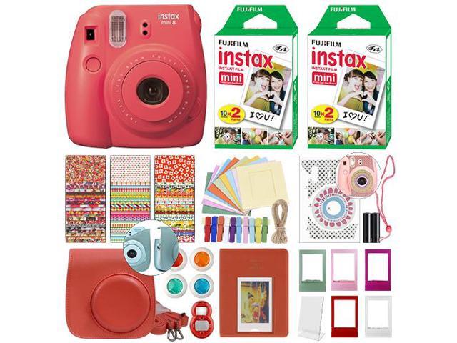 Fuji Instax Mini 8 Fujifilm Instant Film Camera Raspberry 40 Film Deluxe Bundle Newegg Com