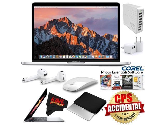 Apple 13.3" MacBook Pro (Mid 2017, Silver) MPXR2LL/A + Apple AirPods Wireless Bluetooth Earphones + Travel USB 5V Wall Charger for iPhone/iPad (White) Bundle