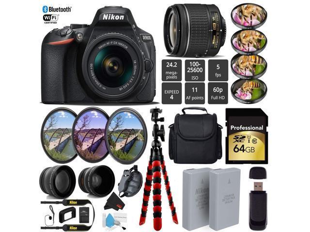 Nikon D5600 DSLR Wi-FI NFC 24.2MP DX CMOS Camera AF-P 18-55mm VR Lens + LED Light kit + Wide Angle & Telephoto Lens - (Intl Model)