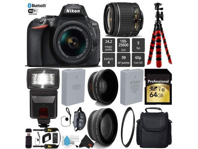 Nikon D5600 DSLR Wi-FI NFC 24.2MP DX CMOS Camera AF-P 18-55mm VR Lens + Digital Slave SLR Flash + UV Protection Lens Filter + 12 inch Flexible Tripod + Camera Case - (Intl Model)