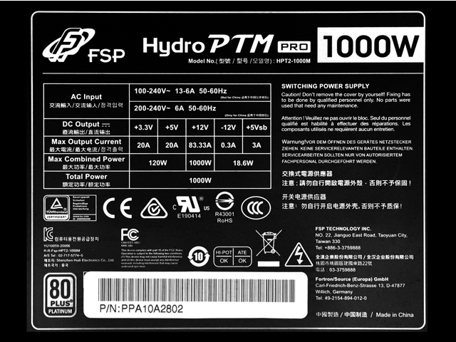 FSP Hydro PTM Pro 1000W 80 Plus Platinum Full Modular ATX 12V