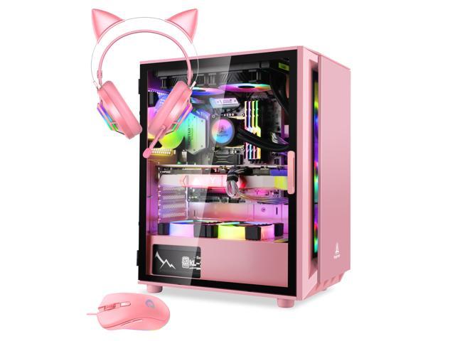 Segotep Gaming Case with Headset and Gaming Mouse Combo Pink ATX Micro-ATX, MINI-ITX Mid Case USB3.0 Port, 1.0mm SPCC Steel Plate, Support Liquid Cooling Tempered Glass Side