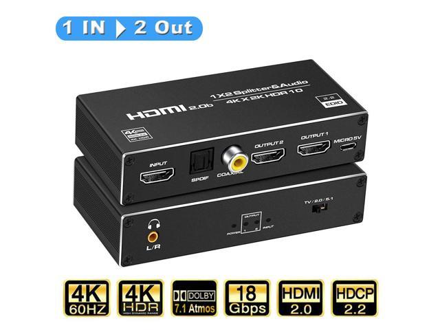 4K@60Hz HDMI Splitter with Audio Extractor 1x2 8:8:8,18 Gbps,Supports ...