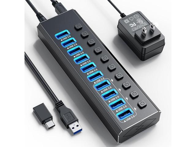 Powered USB Hub, 10-Port USB 3.0 Hub Splitter (10 USB 3.0 Data Ports ...