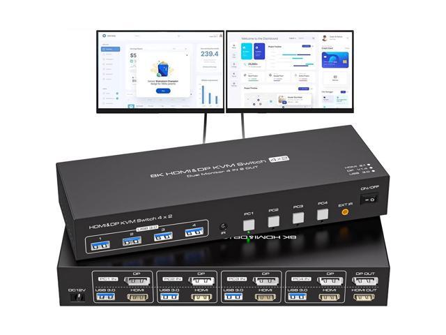 Switch KVM HDMI+DP 4 Computer Su 2 Monitor 8K 60Hz – Condividi 4 PC Con 4 Porte USB 3.0, Telecomando Incluso