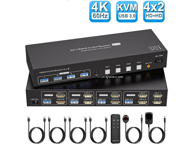 LUOM HDMI+HDMI USB kvm Switch 4 Computers 2 Monitors 4K@60hz USB 3.0 ...