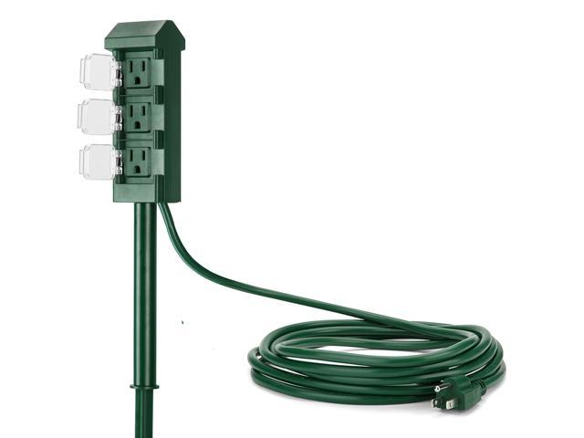 ClearMax 3 Outlet Extension Cord 16AWG Indoor/Outdoor Use with Waterproof Safety Cover 2 Prong Type A 25 Feet - Green Triangular 3 Outlet Extension UL Listed 