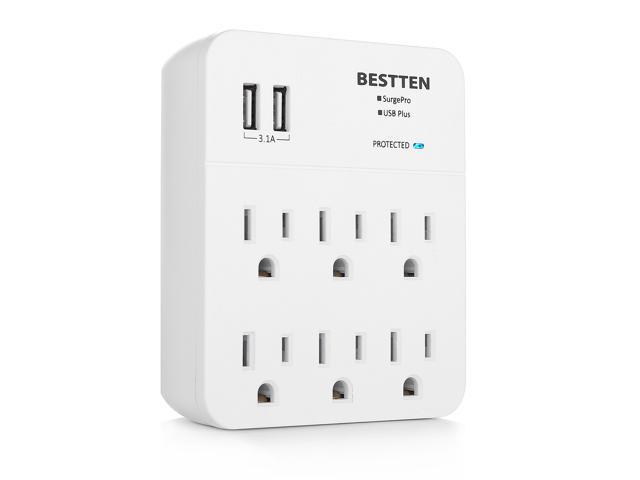 2.4 Bestten Multi Wall Outlet Adapter Surge Protector with 2 USB Charging Ports 