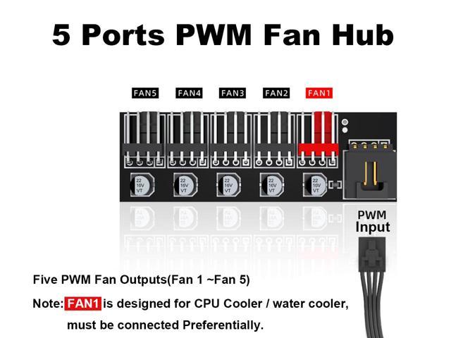 PWM Fan Hub, 2 Pack PC Fan Splitter 5 Way Sleeved Power Supply Cable  Adapter, Internal Motherboard Fan Power Extension Cable Cord for Computer  Cooler