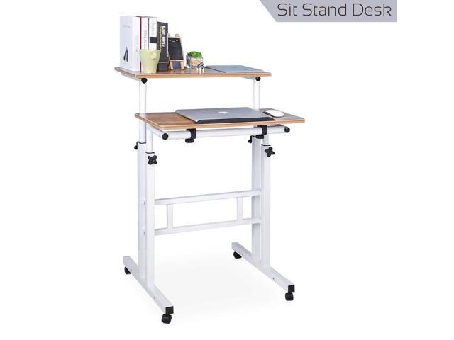Qwork Wheel Mobile Stand Up Computer Desk Height Adjule Cart Tilting Table With Dual Surface Sit Home Office Workstation
