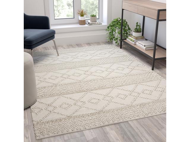 Photo 1 of 5' x 7' Ivory Geometric Design Handwoven Area Rug - Wool/Polyester/Cotton Blend