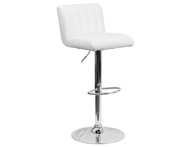 Contemporary White Vinyl Adjustable Height Barstool with Vertical Stitch Back/Seat and Chrome Base