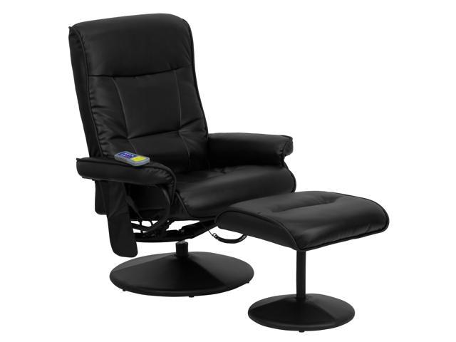 Massaging Multi-Position Recliner with Side Pocket and Ottoman in Black LeatherSoft