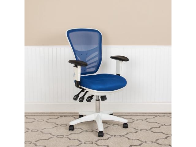 Mid-Back Blue Mesh Multifunction Executive Swivel Ergonomic Office Chair with Adjustable Arms and White Frame