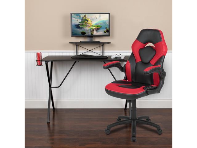 Black Gaming Desk and Red/Black Racing Chair Set with Cup Holder