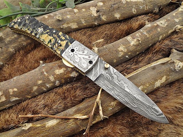 Damascus Steel Folding knife, Exotic Jigged scale in Camouflage color ...