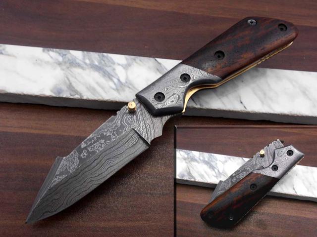 thumb knob Damascus steel 8/" folding knife liner lock Cow sheath
