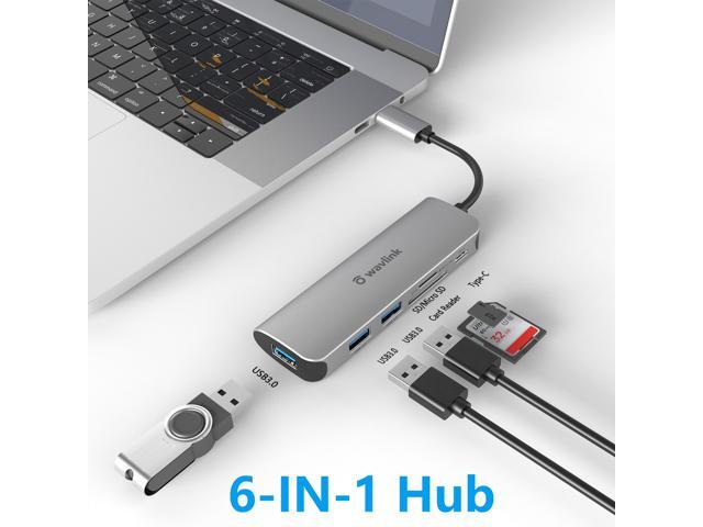 Wavlink Aluminum 6 Ports USB C Hub Powered 65W Charging, Mini USB 3.0 Hub for Laptop with 10.5cm/0.35ft Cable, 3xUSB 3.0, 1xUSB C, 1xSD/TF Card Reader, for Mac, Windows, Surface Pro, XPS, Mobile Phone