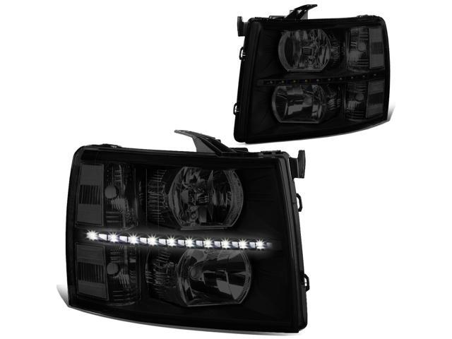 DNA Motoring HL-LED-CSIL07-BK-SM-CL1 For 2007 to 2014 Chevy Silverado 1500 2500 3500 LED DRL Strip Headlight Smoked Housing Clear Corner Headlamp 08 09 10 11 12 13 Left + Right
