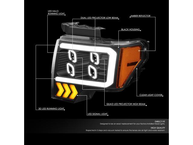 DNA Motoring HL-LB-T8-F15009-BK-AM For 2009 to 2014 Ford F-150 Pair Black Housing Amber Corner LED DRL Tube Quad Projector Halo... 