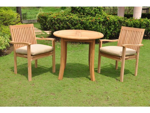 Wholeteak 3 Pc Luxurious Grade A Teak Dining Set 36 Round Table And 2 Leveb Stacking Arm Chairs Nedslv1 Newegg Com