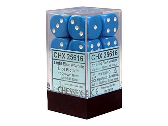 Chessex Dice d6 Sets Opaque Light Blue w/ White 16mm Six Sided 12 Die CHX 25616 