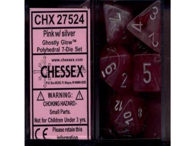 Chessex 7 Dice Set Ghostly Glow Pink w/ Silver CHX 27524 for D&D & D20 