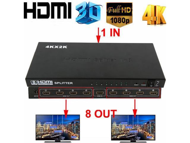 HD 4K HDMI Splitter 1 In 8 Out 8 Port Repeater Amplifier Hub 3D 1080p HDMI Splitter Compatible with Ps4 / Xbox One/Fire TV/Apple TV/Sky Box/Stb/DVD/Laptop/Blue ray, Power Supply Adapter Include